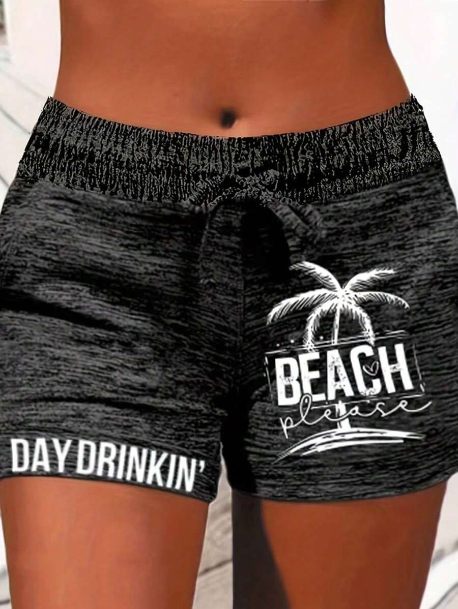 INAWLY Plus Size Women's Summer Beach Letter Print Palm Tree Design Belt Casual Shorts - Black - View 1