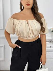 SHEIN Privé Plus Kích Thước Thanh Lịch Đơn Giản Hàng Ngày Ngày Lãng Mạn Ngoài Vai Ngắn Eo Dây Rút Cổ Chữ V Rời Hoa Mai Áo Sơ Mi Nữ - Màu be - Xem 7