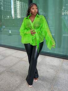 Slaydiva Camisa de mujer semitransparente de manga larga, de chifón, color verde fluorescente, con cuello con solapas, tirantes y decoración de volantes, elegante y casual