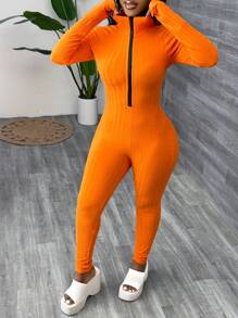 Slaydiva Minimalist Casual Basic Athletic Mock Neck Zippered Long Sleeve & Ankle Cuff Ribbed Stretchy Fitted Jumpsuit - Orange - Orange - View 6