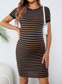 SHEIN 孕妇条纹圆领短袖修身休闲连衣裙，夏季