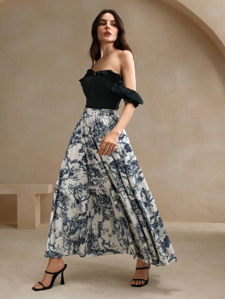 Falda larga elegante de línea A con estampado de árboles para mujeres