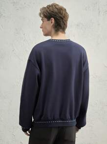 AKNOTIC Business Casual Men's Casual Loose Crew Neck Sweatshirt With Letter Print - Blue, For Fall Winter - Navy Blue - View 6