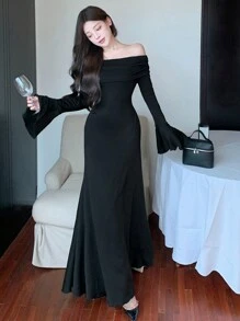 DAZY Women's Ruffle Ruffle Trim Dress, Long Sleeve, Suitable For Back To School Events And Formal Occasions Elegant,Fall Dress Off Shoulder Top - Black - View 6