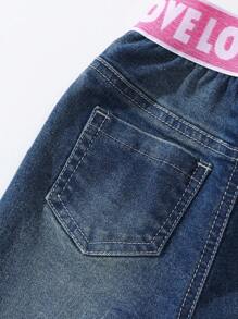 女婴复古水洗可爱甜美拼布粉色腰带樱桃刺绣弹力牛仔裤