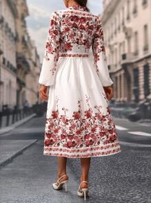 SHEIN Clasi Casual V-Neck Waist Tie Floral Print Dress