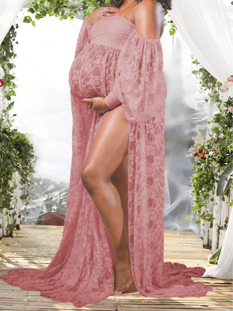孕妇蕾丝灯笼袖高开衩摄影礼服，V领露肩长裙，适合拍摄 - 藕粉色 - 查看 1