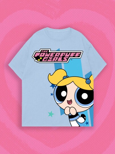 The Powerpuff Girls | ROMWE Camiseta de manga corta con cuello redondo y estampado de dibujos animados para hombres, adecuada para uso diario en primavera y verano, escuela