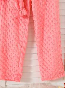 2pcs Tween Girls Pink Simple Jacquard  Lounge Pants And Long Sleeve Top Set - Pink - View 7