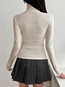 DAZY Women's Spring And Summer Solid Color High Neck Long Sleeve Ribbed Slim Fit T-Shirt Thermal Lined - White - View 5