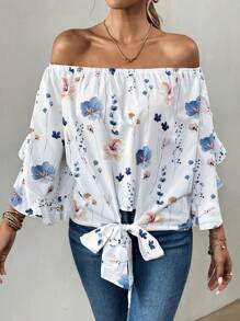 SHEIN LUNE Women's Resort Floral Print Long Sleeve Off Shoulder Shirt
