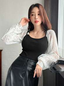 DAZY Sweater Pullover Lengan Panjang Rajut Longgar Blok Warna Wanita, Musim Gugur/Dingin, Ruffle - Hitam - View 1