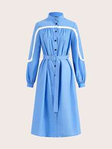 SHEIN LUNE Vestido elegante de estilo "Old Money" de primavera/otoño casual, con bloqueo de color, solapa, botones delanteros y largo midi para mujer - Azul y blanco - Ver 3