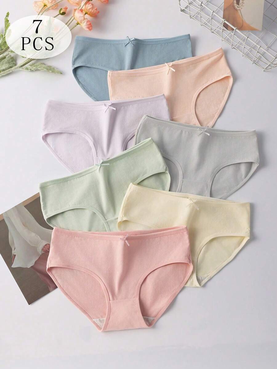 Quần lót tam giác nữ 7 chiếc/gói màu trơn có nơ trang trí dễ thương, quần lót tam giác cho bé gái tuổi teen