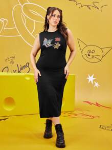 TOM & JERRY X SHEIN Vestido midi ajustado con pliegues, sin mangas, con estampado clásico de gato y ratón de dibujos animados, de estilo deportivo casual de los 90, talla grande, otoño