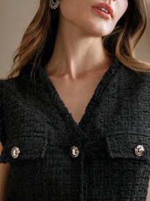 Anewsta 女士优雅别致通勤风格缀饰修身黑色粗花呢连衣裙