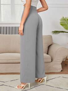 SHEIN PETITE High Waist Plicated Wide Leg Black Pants ,Petite Women - Grey - View 2
