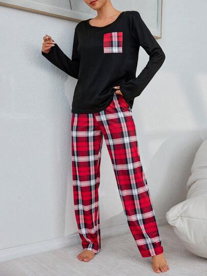 Women Round Neck Long Sleeve Contrast Top Plaid Pants Pajama Set, Fall Clothes Cozy Elegante view 5