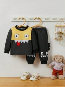Baby Boy Cute  Textured Graphic Long Sleeve Top And Pants Set, Spring Autumn