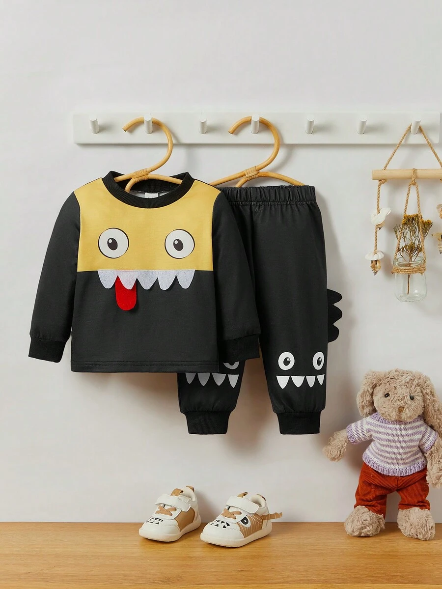 Baby Boy Cute  Textured Graphic Long Sleeve Top And Pants Set, Spring Autumn