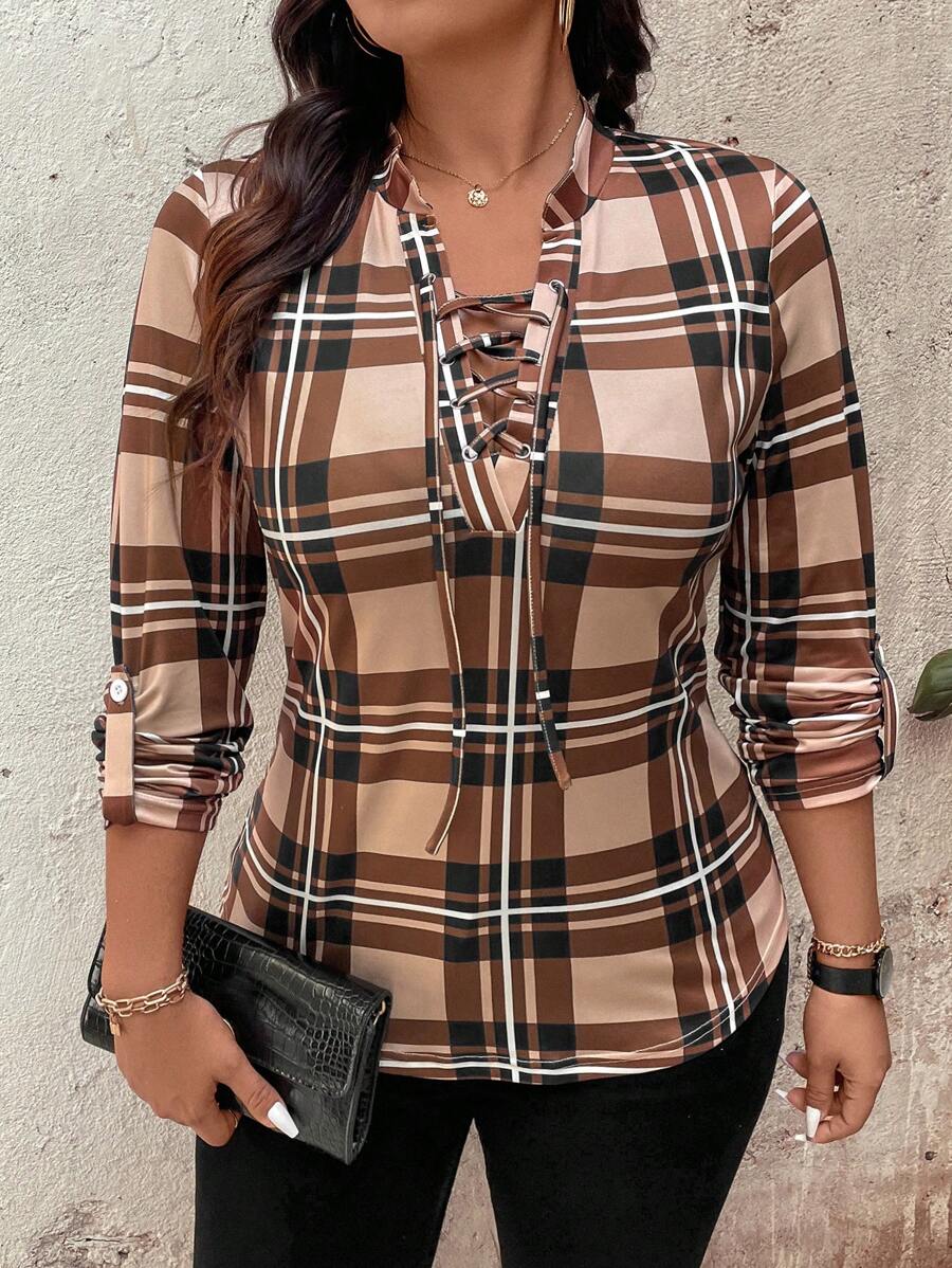 Calvaya 大码V领格子复古风长袖T恤，商务休闲女装，春秋季上衣 - 杏色 - 查看 1