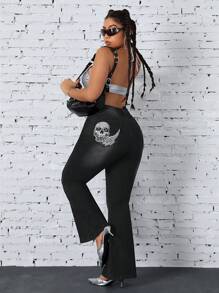 Jeanoix Plus Size Women Distressed Denim Jeans With Pocket & Skull Embroidery Design - Dark Grey - View 2