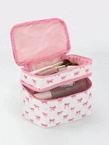 Marina Oliveira Artist Pink Bow Pattern Fashionable Cute Double Layers Cosmetic Bag For Storage, Square-Shaped Makeup Bags - Multicolor - View 4