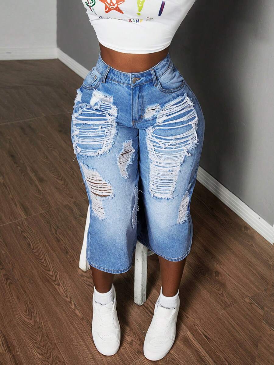 SHEIN Slayr Quần Jean Ống Rộng Rách Eo Thấp - Rửa nhẹ - Xem 1