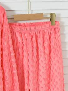 2pcs Tween Girls Pink Simple Jacquard  Lounge Pants And Long Sleeve Top Set - Pink - View 3
