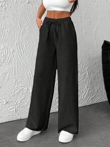 RueChic Women Elastic Waist Band Wide Leg Pants - Black - View 4
