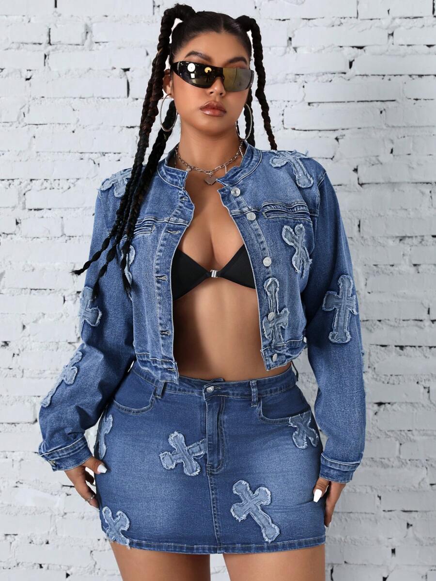 SHEIN ICON Große Größen Gewaschenr bestickter Denim Jacke Herbst Damenbekleidung