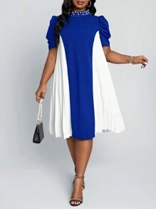 SHEIN Lady 大码女式工作连衣裙和拼接褶皱领口串珠泡泡袖节日连衣裙正式婚礼招待会连衣裙优雅连衣裙 - 寶藍色 - 查看 3