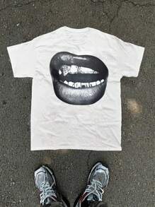 Manfinity VCAY 1 pieza Camiseta de punto blanca de estilo vintage creativa con estampado de pintura al óleo de labios de ángel Madonna para hombre, de corte oversized y estilo casual de la calle, para el verano
