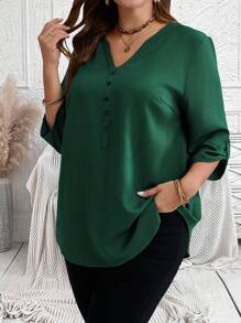 EMERY ROSE Camisa de Plus Size Casual Verde com Gola Virada e Manga Enrolada, Roupas de Primavera, Outono e Inverno - Verde - Visão 3