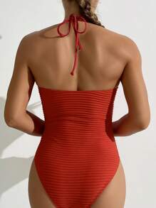 SHEIN Swim Cut Out Solid Halter One Piece Swimsuit For Summer - Red - View 6