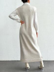 EURMUSE Solid Split Hem Sleeveless Sweater Dress Without Blouse - Beige - View 2