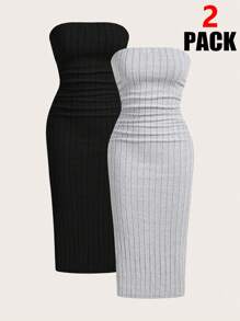SHEIN EZwear 2 件套女士夏季纯色罗纹抹胸连衣裙套装 - 彩色 - 查看 5