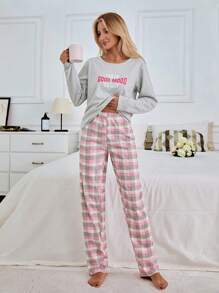EURMUSE Cotton 2Pcs  Slogan Printed Long Sleeve And Multicolour Detail Sleep Bottom PJ Set - Grey - View 6