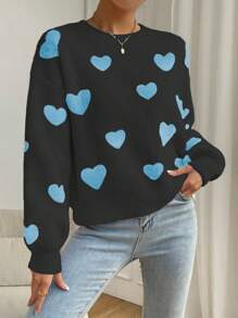 Chiquease 圆领长袖全心心形毛衣，休闲日常穿着 - 黑色 - 查看 6