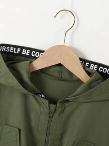 SHEIN Áo khoác dài vừa phải thời trang cho bé gái tuổi mới lớn có cạp chun và mũ trùm đầu - xanh quân đội - Xem 4