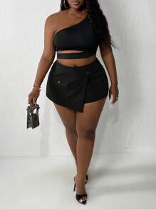 Slaydiva Plus Size Summer Sexy Solid Color Asymmetrical Wrap Shorts - Black - View 2