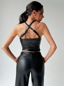 SHEIN Privé Women's Cross Halter Neck PU Party Graduation Season Slim Tank Top - Black - View 2