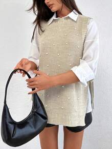 EURMUSE Round Neck Sleeveless Sweater With Pearls - Beige - View 3