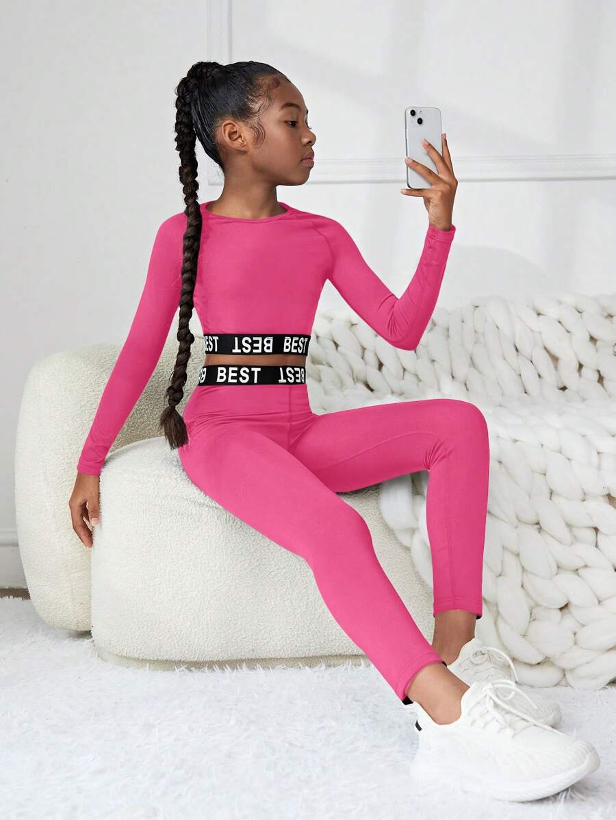 SHEIN Leap Crew Tween Girl Knit Patchwork Letter Ribbed Trim Raglan Sleeve Top And Lounge Pants 2-Piece Set - Hot Pink - View 1