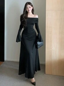 DAZY Women's Ruffle Ruffle Trim Dress, Long Sleeve, Suitable For Back To School Events And Formal Occasions Elegant,Fall Dress Off Shoulder Top - Black - View 9