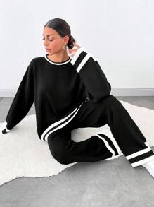 SHEIN Tall Collared Drop Shoulder Sweater Two Piece Set - Black and White - View 4