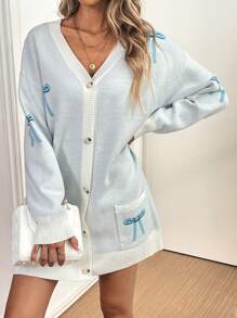 Chiquease Cárdigan holgado de punto con bolsillos de jacquard y decoración de lazo para mujeres, otoño/invierno - Azul - Ver 1