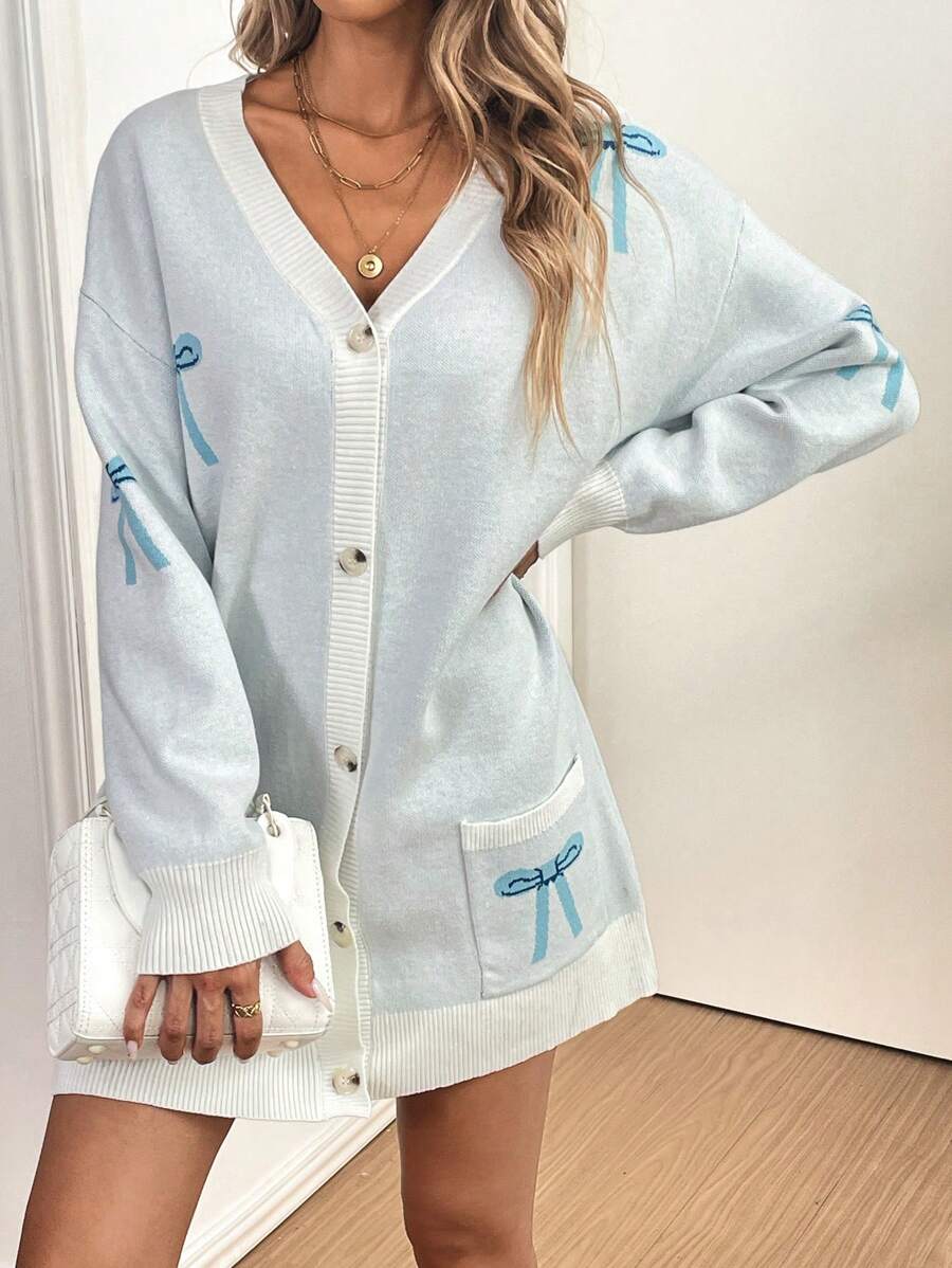 Chiquease Cárdigan holgado de punto con bolsillos de jacquard y decoración de lazo para mujeres, otoño/invierno - Azul - Ver 1