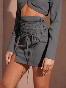 SHEIN BAE Minifalda sexy con decoración de abertura, de cintura alta, corte ceñido y ajustable, de estilo versátil de calle, en color caqui, para mujer - Gris Oscuro - Ver 5