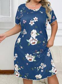 Blume Muster Kleid in Große Größen mit Kurzarm, Moo Moo Nachthemd - Blau - Übersicht 6